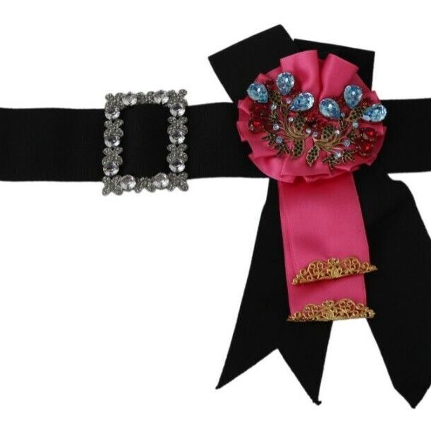 Dolce & Gabbana Black Pink Flower Brooch Crystals Cotton Belt