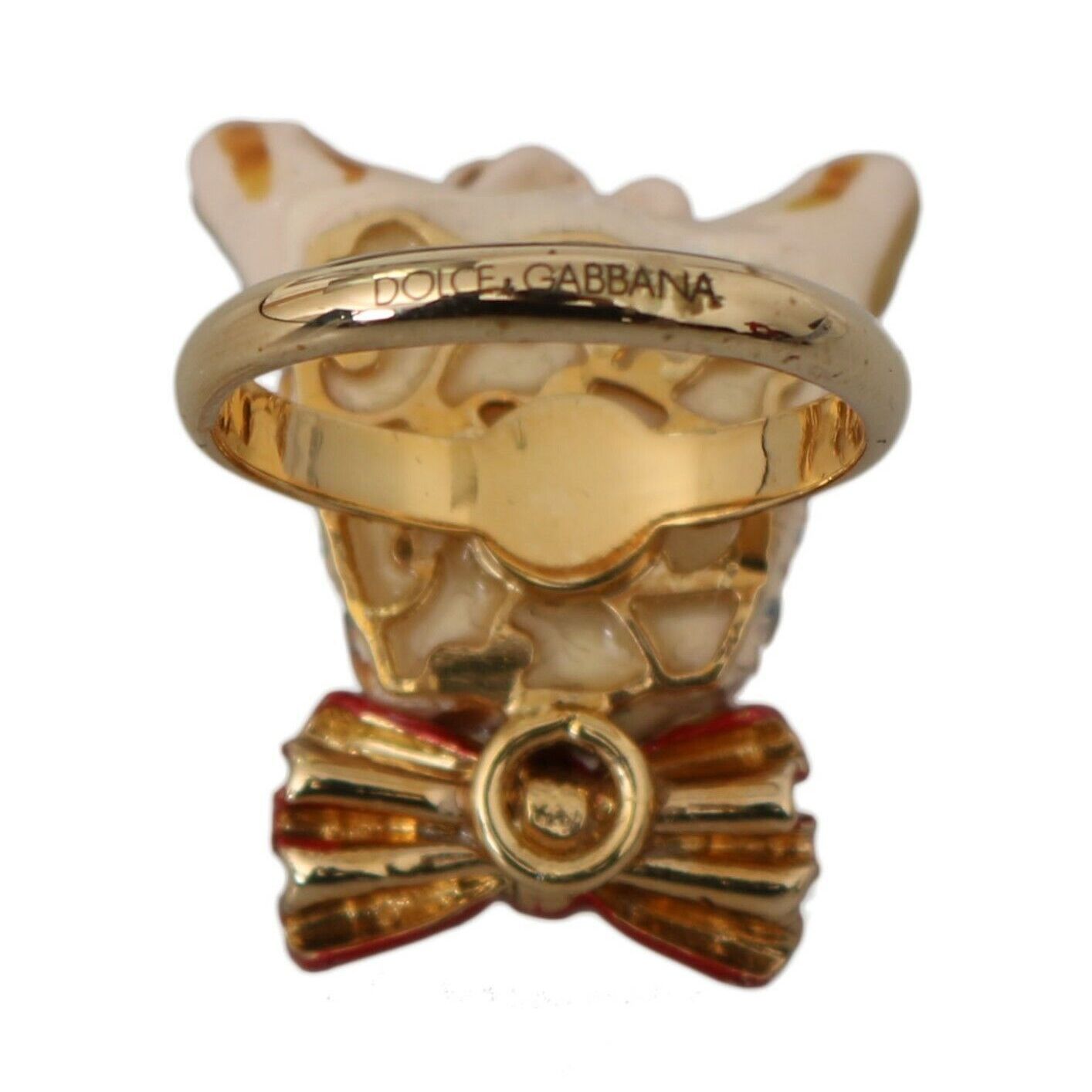 Dolce & Gabbana Gold Brass Resin Beige Dog Pet Branded Accessory Ring