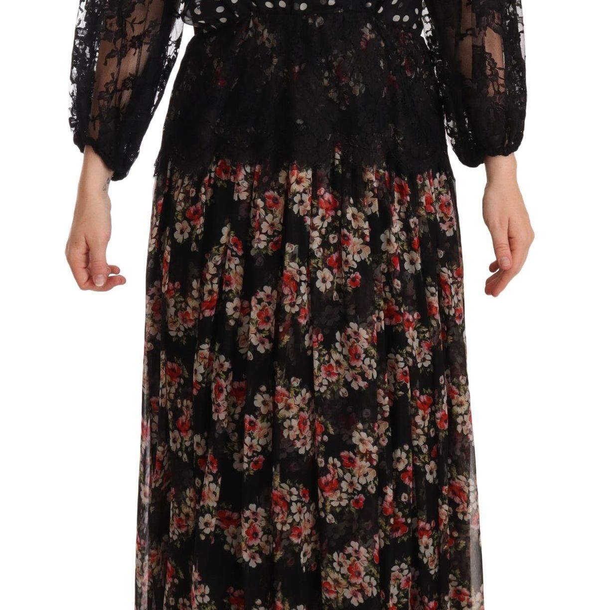 Dolce & Gabbana Black Lace Floral Polka Maxi Capri Dress