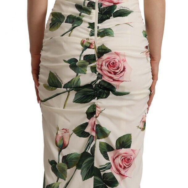 Dolce & Gabbana White Roses Print Stretch Silk Pleated Dress