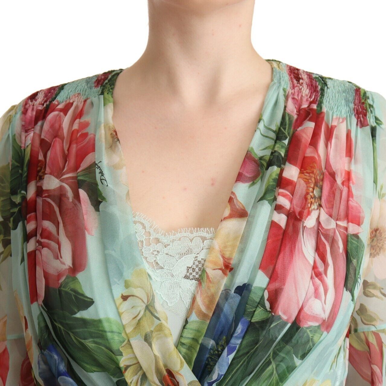 Dolce & Gabbana Green Floral Long Sleeves V-neck Midi Dress