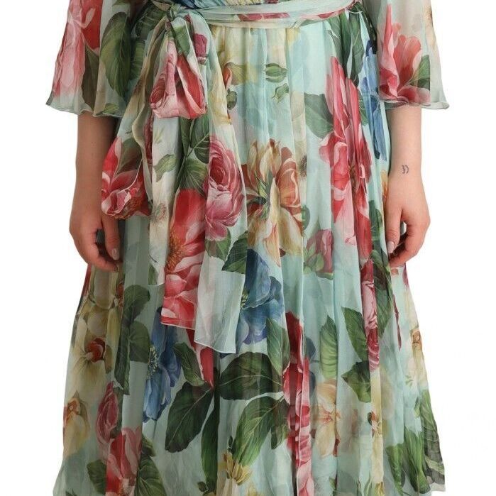 Dolce & Gabbana Green Floral Long Sleeves V-neck Midi Dress