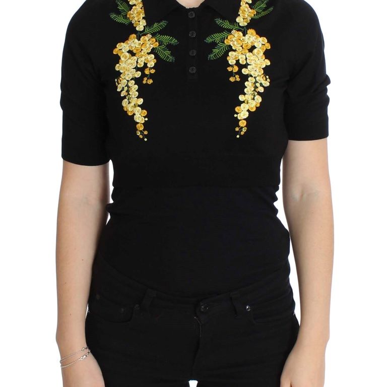 Dolce & Gabbana Black Silk Floral Embroidered Polo Top