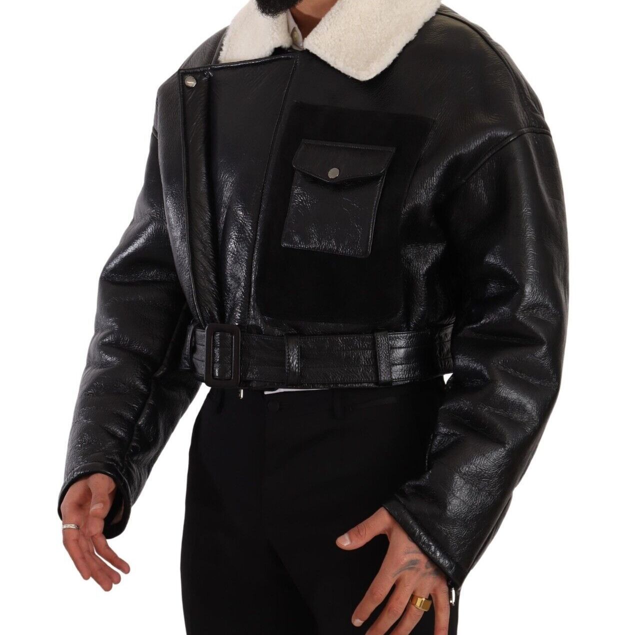Dolce & Gabbana Black Leather Shearling Biker Coat Jacket
