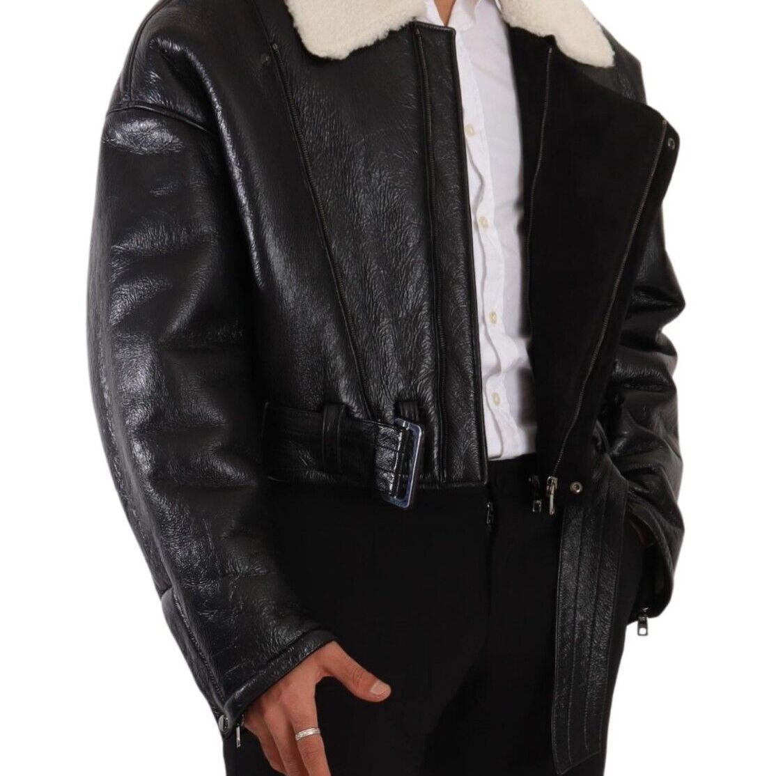 Dolce & Gabbana Black Leather Shearling Biker Coat Jacket