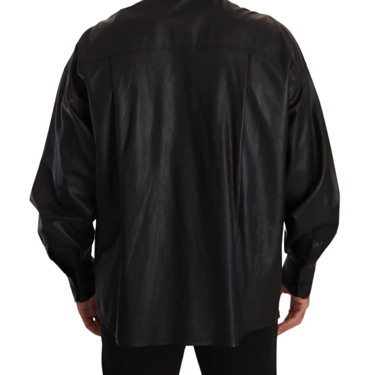 Dolce & Gabbana Black Leather Button Down Men Collared Jacket