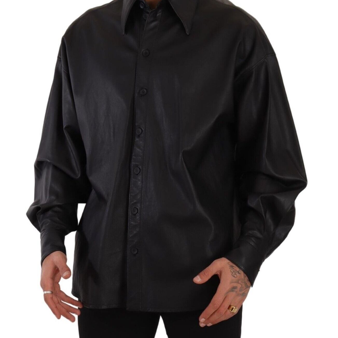Dolce & Gabbana Black Leather Button Down Men Collared Jacket