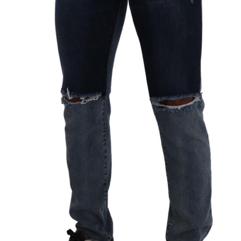 Dolce & Gabbana Blue Two Tone Tattered Cotton Slim Denim Jeans