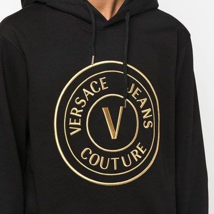 Versace Jeans Black Cotton Logo Details Hooded Sweatshirt
