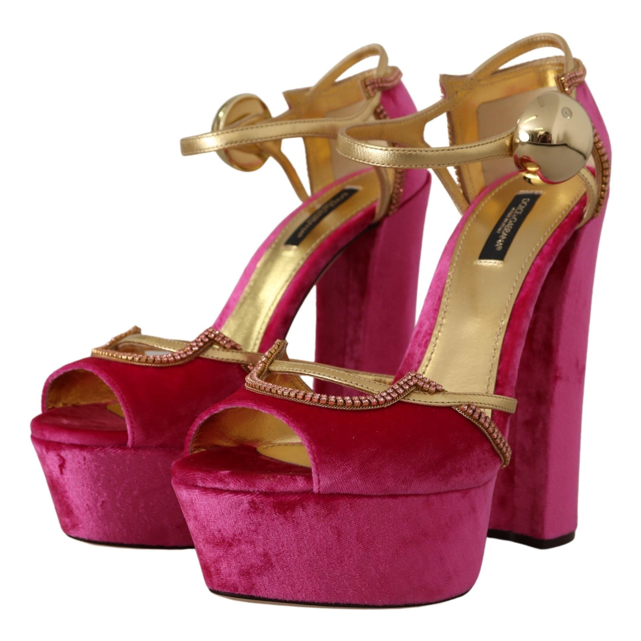 Dolce & Gabbana Pink Velvet Crystal Ankle Strap Sandals Shoes
