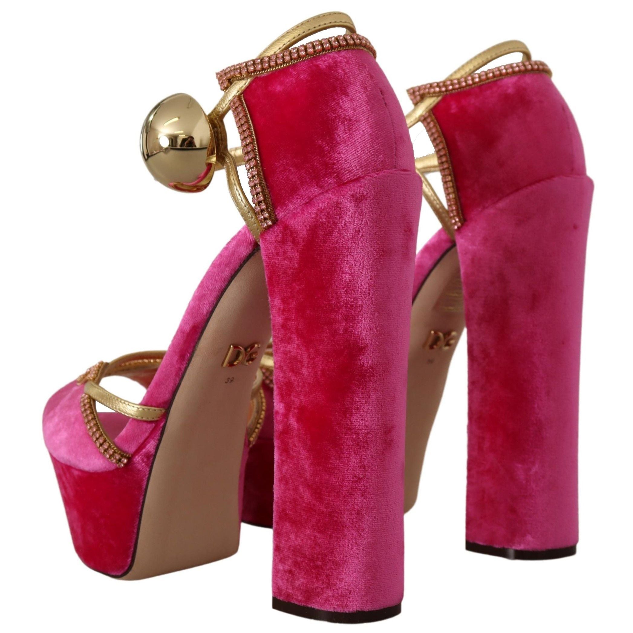 Dolce & Gabbana Pink Velvet Crystal Ankle Strap Sandals Shoes