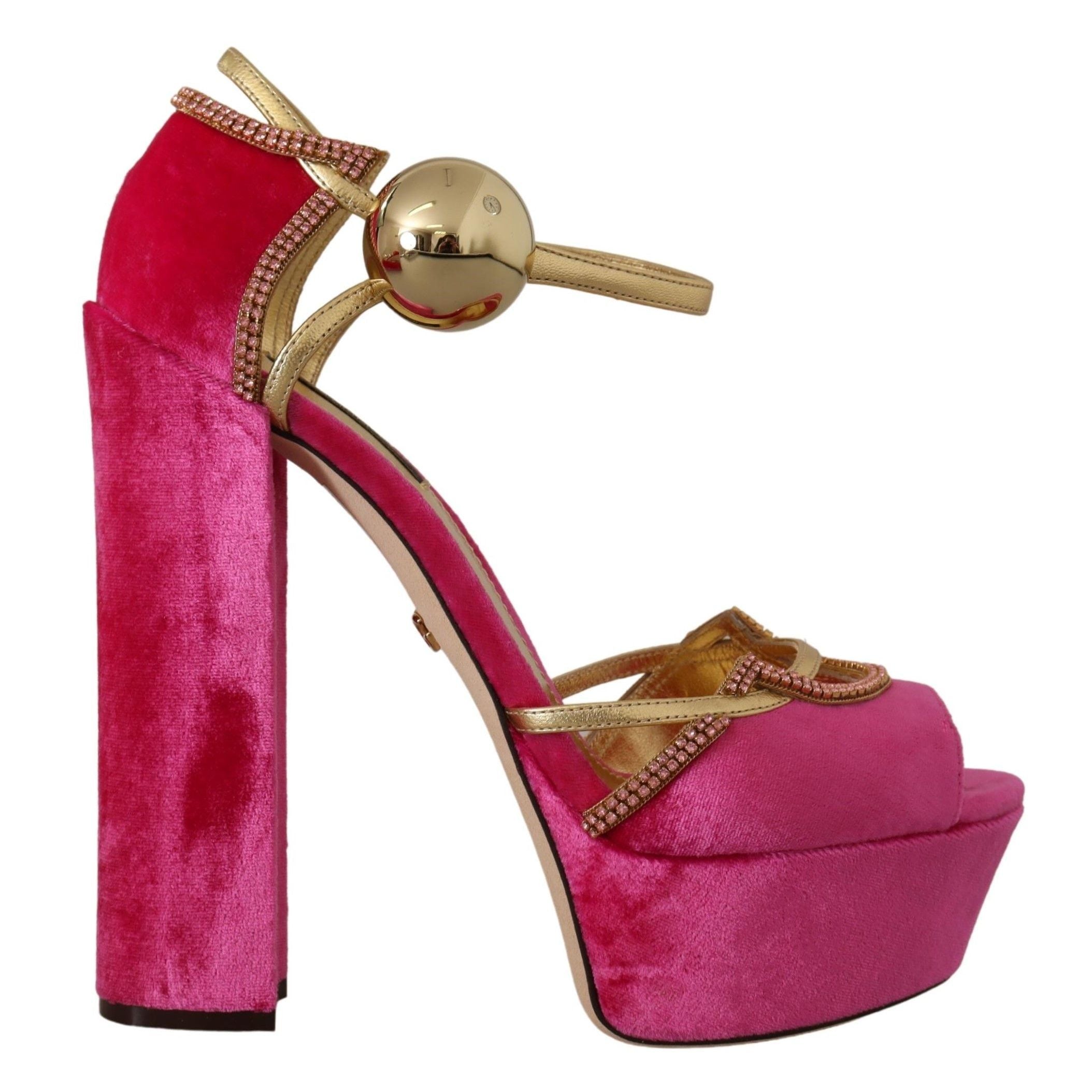 Dolce & Gabbana Pink Velvet Crystal Ankle Strap Sandals Shoes