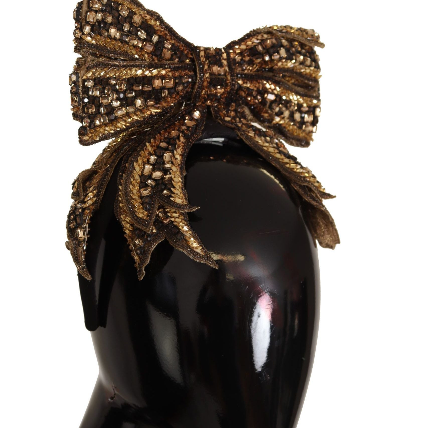 Dolce & Gabbana Gold Crystal Beaded Sequined Silk Bow Headband Diadem