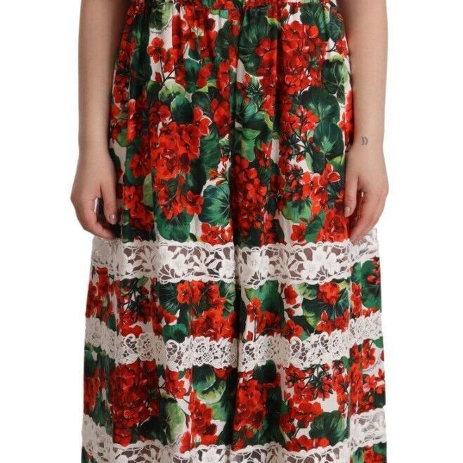 Dolce & Gabbana Multicolor Geranium Print Lace Long Maxi Dress