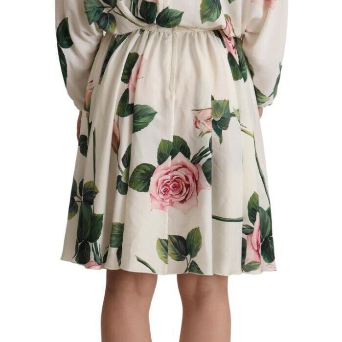 Dolce & Gabbana White Rose Print Long Sleeves A-line Dress