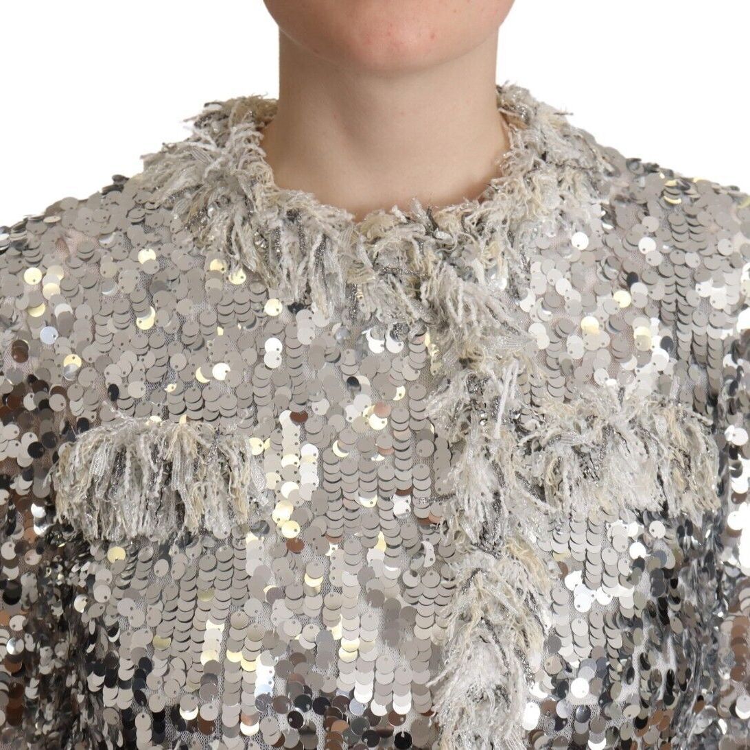 Dolce & Gabbana Silver Sequined Shearling Long Sleeves Jacket