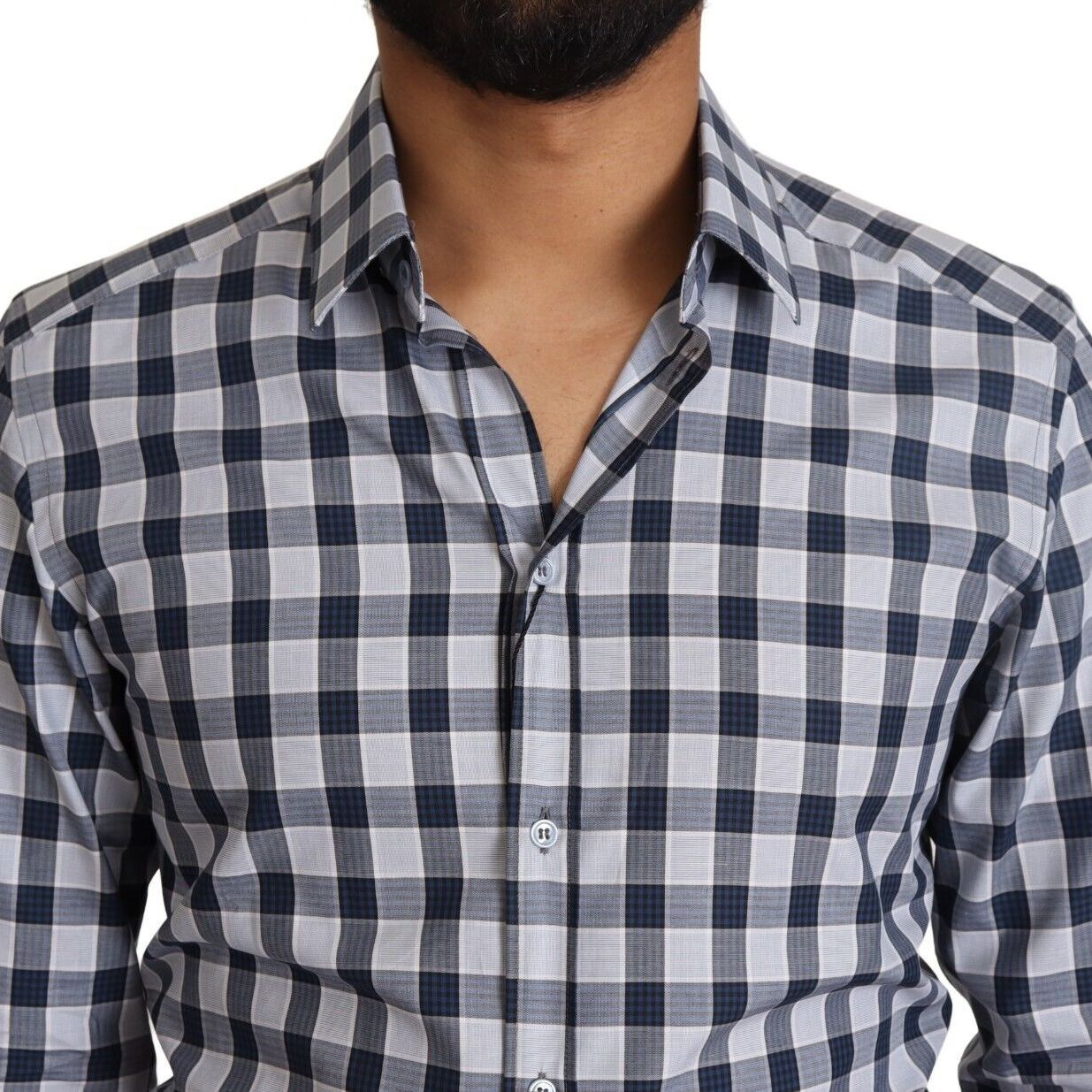 Dolce & Gabbana Blue White Check Cotton Slim Fit GOLD Shirt
