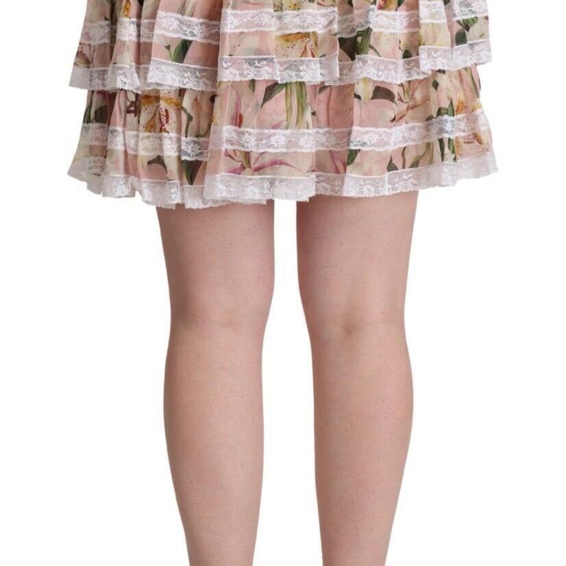 Dolce & Gabbana Pink Lily Print Silk Mini Tiered A-line Skirt
