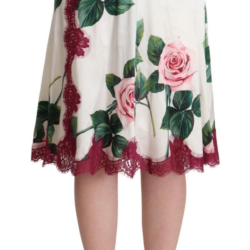 Dolce & Gabbana White Rose Print High Waist Midi A-line Skirt