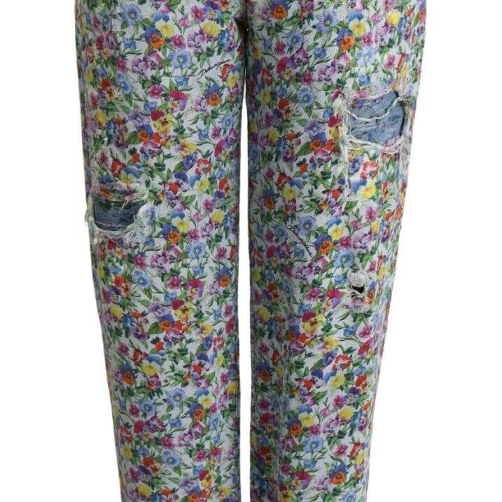 Dolce & Gabbana Blue Floral Print High Waist Denim Tapered Jeans