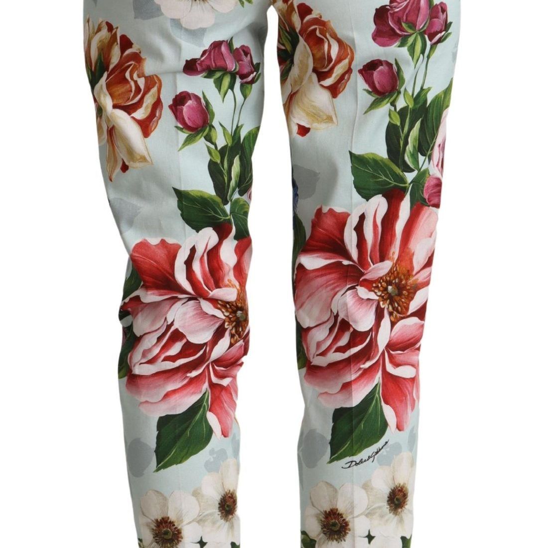 Dolce & Gabbana Light Blue Fiori Print Cotton Trouser Tapered Pants