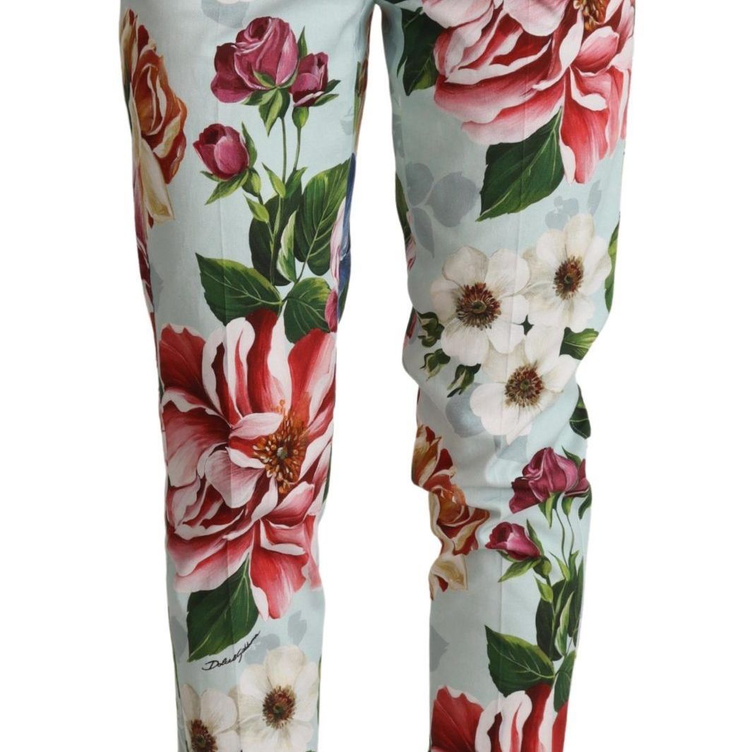 Dolce & Gabbana Light Blue Fiori Print Cotton Trouser Tapered Pants