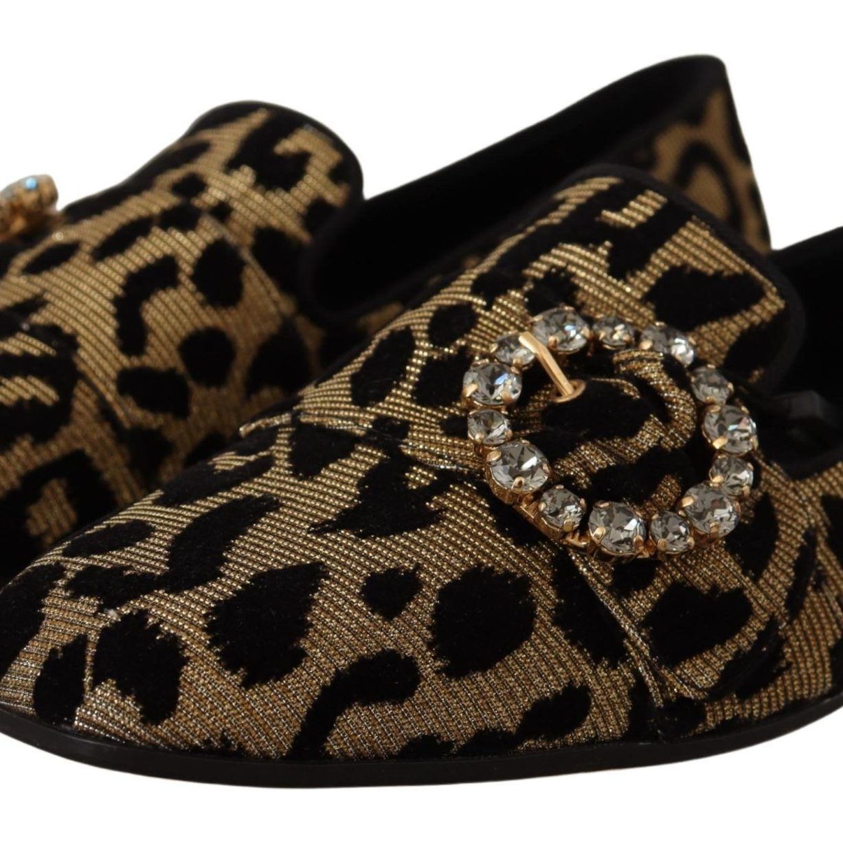 Dolce & Gabbana Gold Leopard Print Crystals Loafers Shoes
