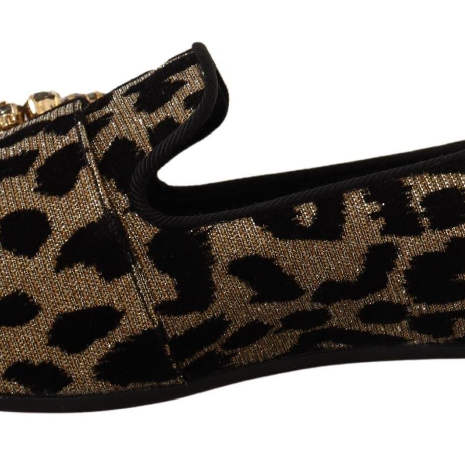 Dolce & Gabbana Gold Leopard Print Crystals Loafers Shoes