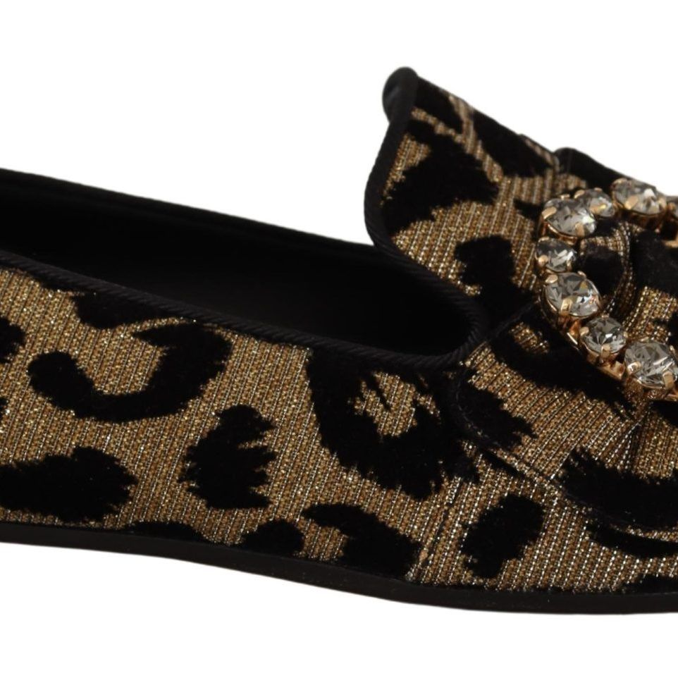 Dolce & Gabbana Gold Leopard Print Crystals Loafers Shoes
