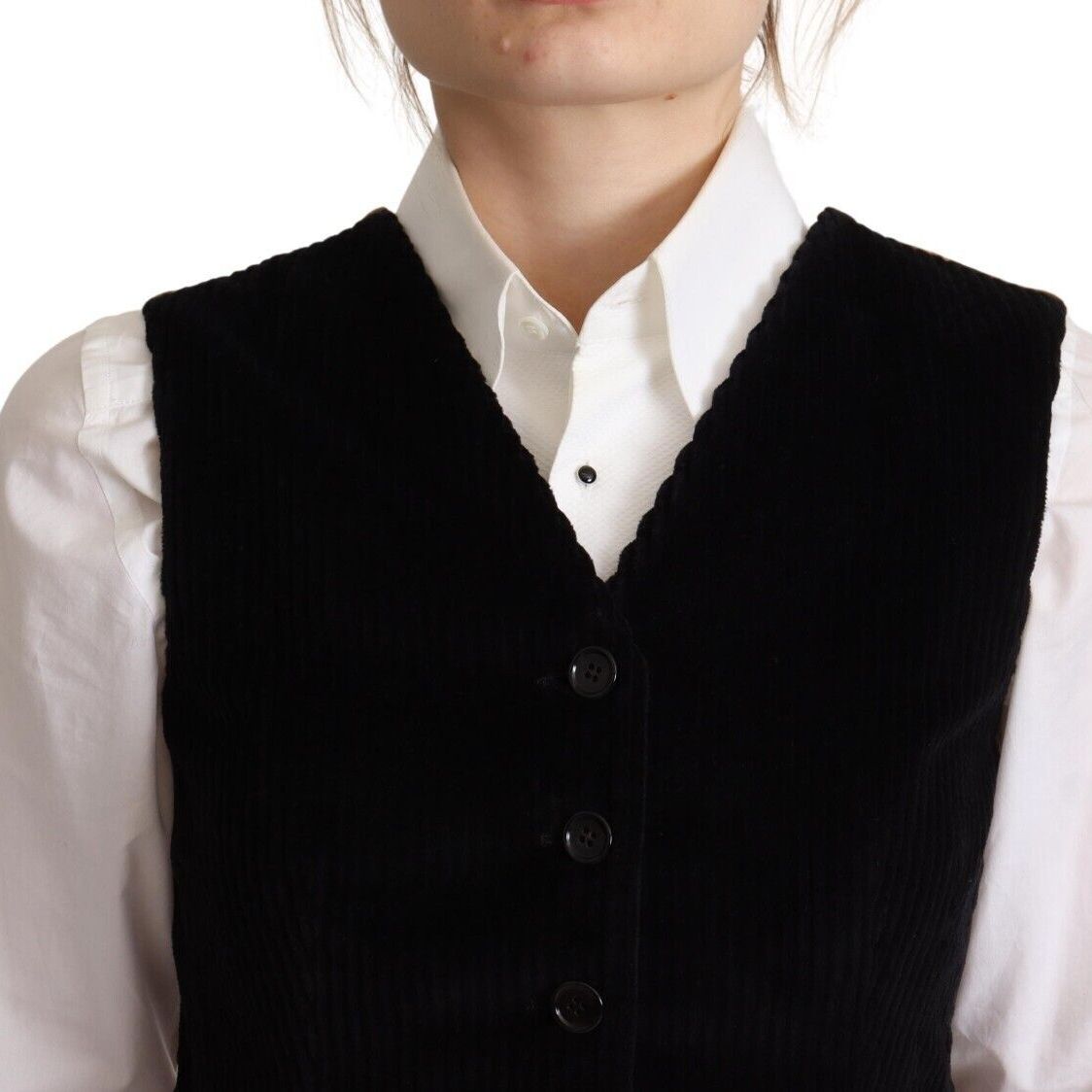 Dolce & Gabbana Black V-neck Leopard Corduroy Button Vest Top