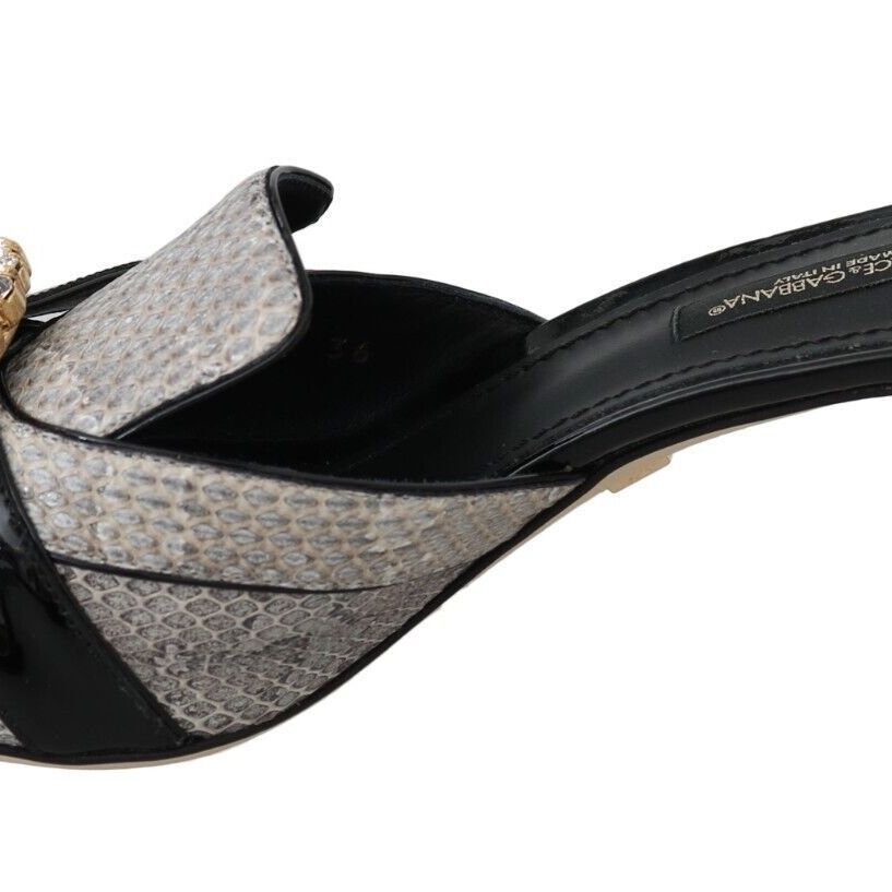 Dolce & Gabbana Black Gray Exotic Leather Crystals Sandals Shoes
