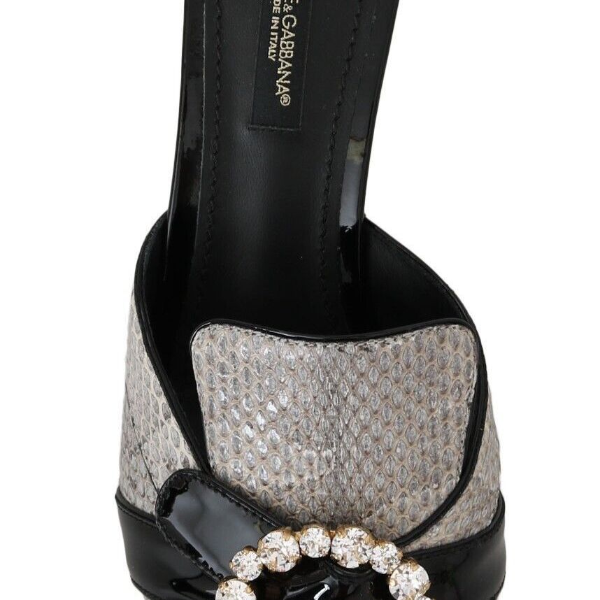 Dolce & Gabbana Black Gray Exotic Leather Crystals Sandals Shoes