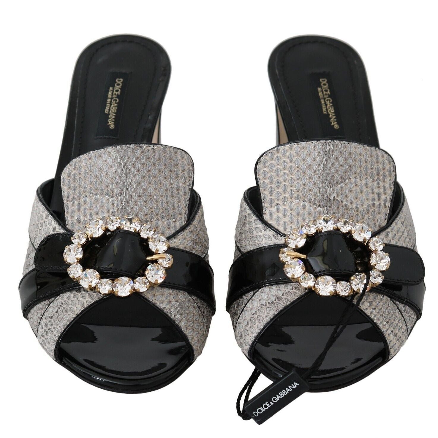 Dolce & Gabbana Black Gray Exotic Leather Crystals Sandals Shoes
