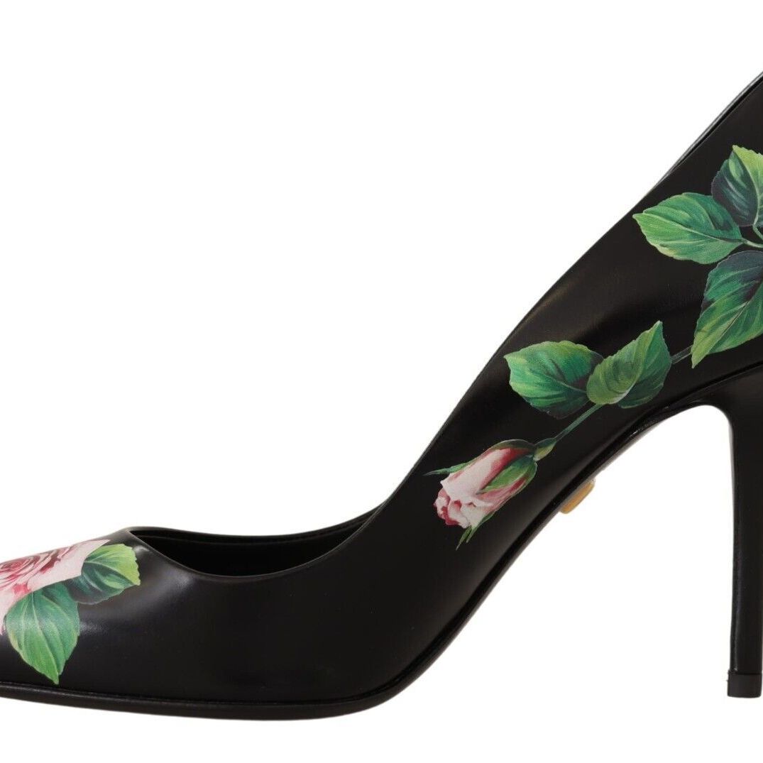 Dolce & Gabbana Black Leather Roses High Heels Pumps Shoes