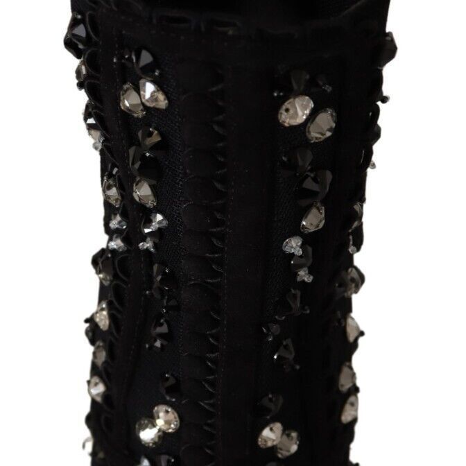 Dolce & Gabbana Black Crystals Heels Zipper Short Boots Shoes