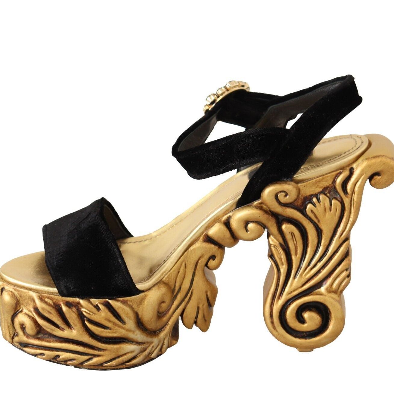 Dolce & Gabbana Black Gold Baroque Velvet Heels Crystal Shoes