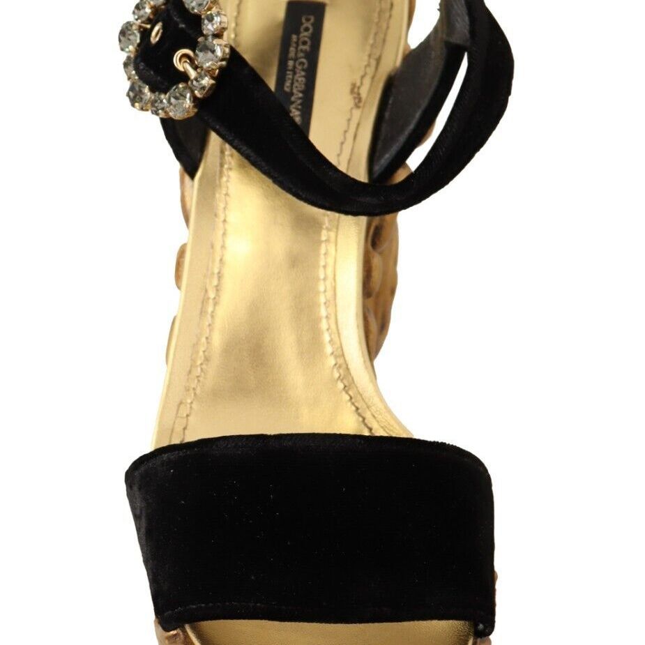 Dolce & Gabbana Black Gold Baroque Velvet Heels Crystal Shoes