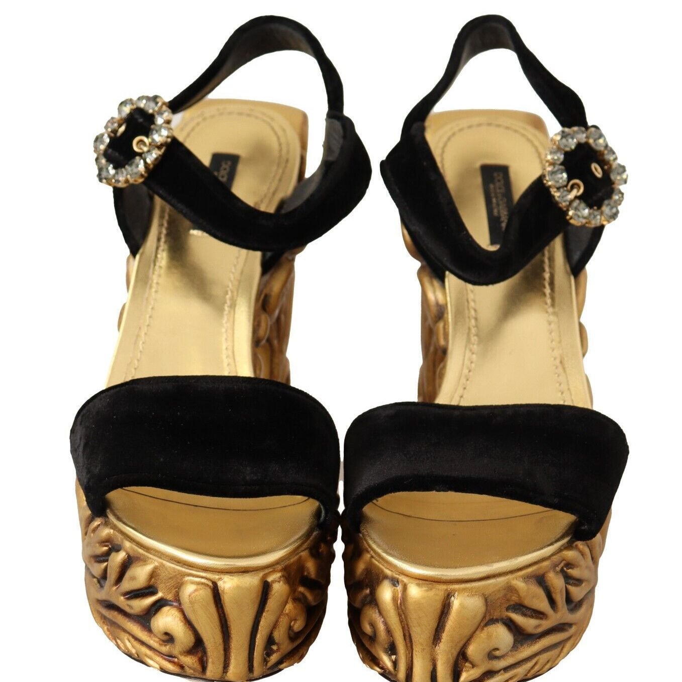 Dolce & Gabbana Black Gold Baroque Velvet Heels Crystal Shoes