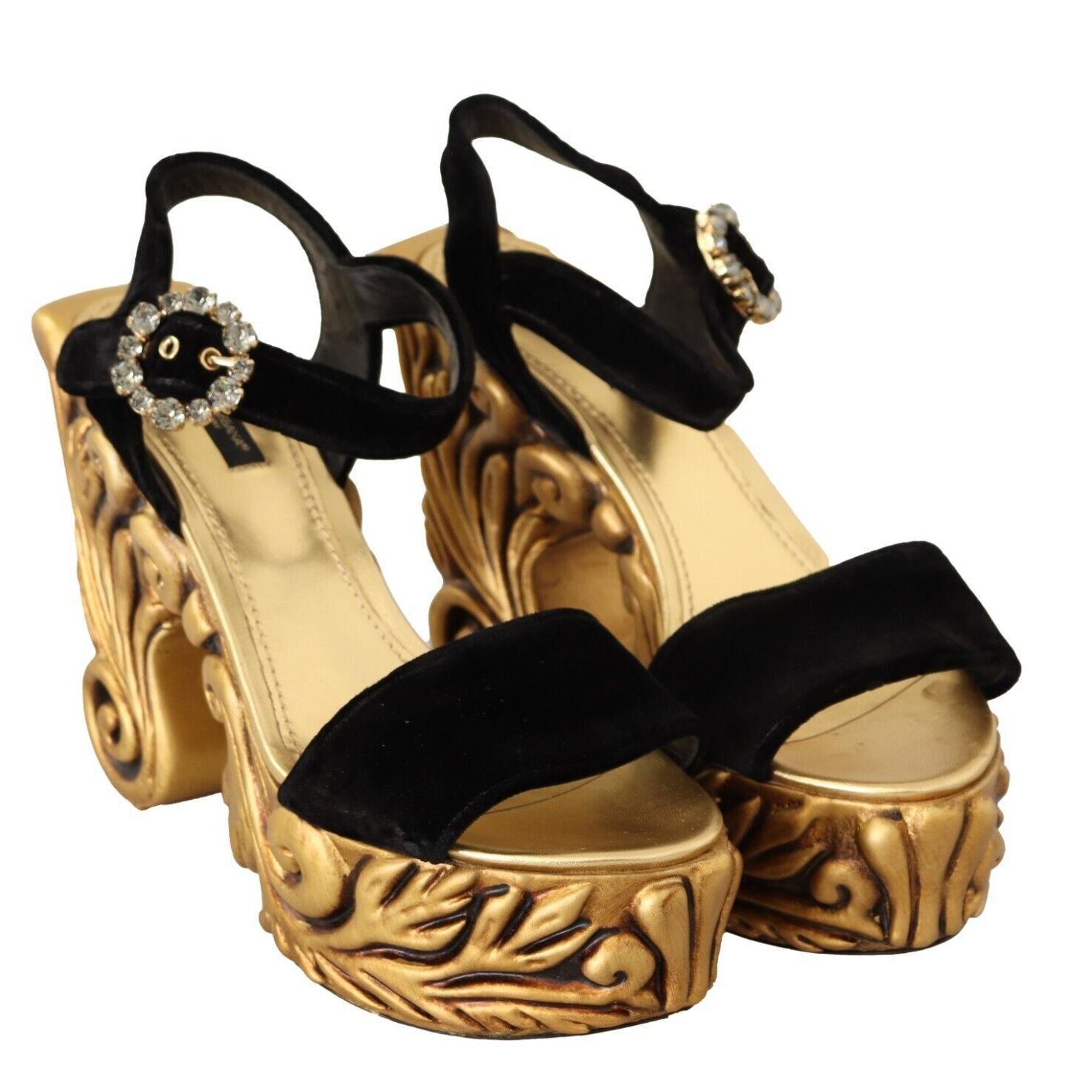 Dolce & Gabbana Black Gold Baroque Velvet Heels Crystal Shoes
