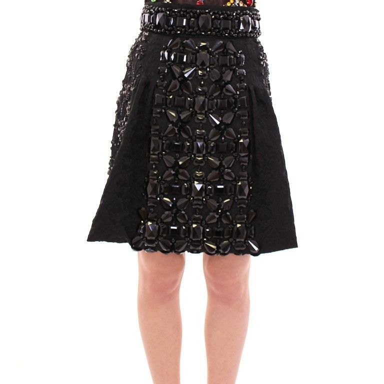 Dolce & Gabbana Black Crystal Handmade Above Knee Skirt