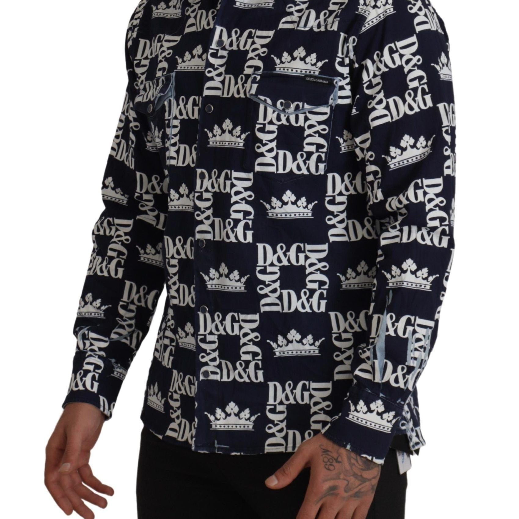 Dolce & Gabbana Blue Denim Stretch DG Crown Logo Casual Shirt