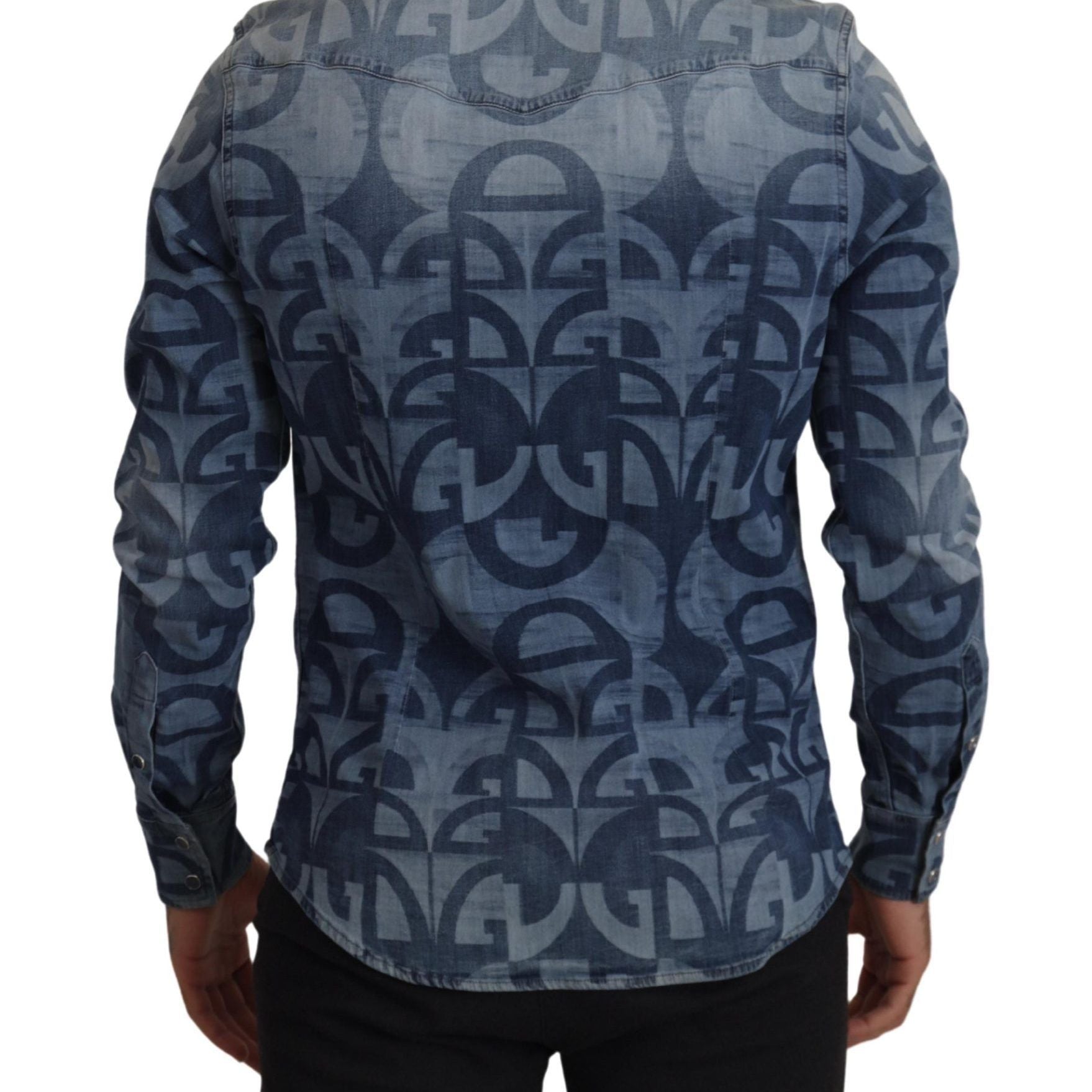 Dolce & Gabbana Blue Denim Stretch DG Logo Casual Mens Slim Shirt