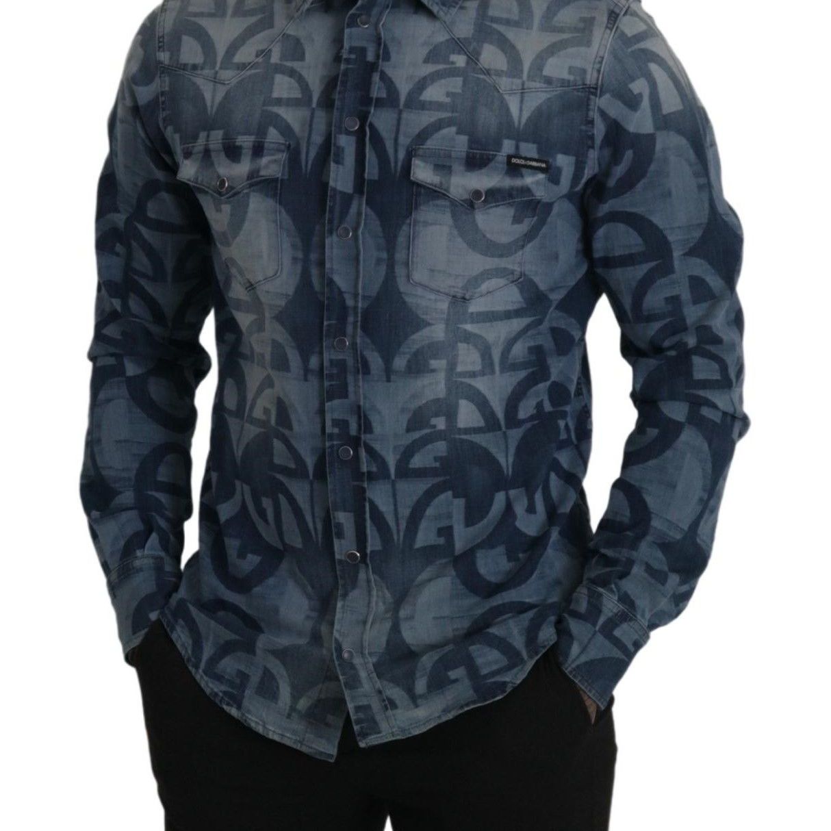 Dolce & Gabbana Blue Denim Stretch DG Logo Casual Mens Slim Shirt