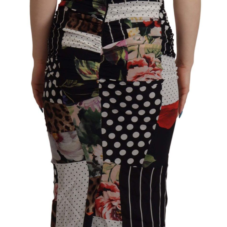 Dolce & Gabbana Multicolor Pachwork Midi Floral Silk Leopard Bodycon Dress