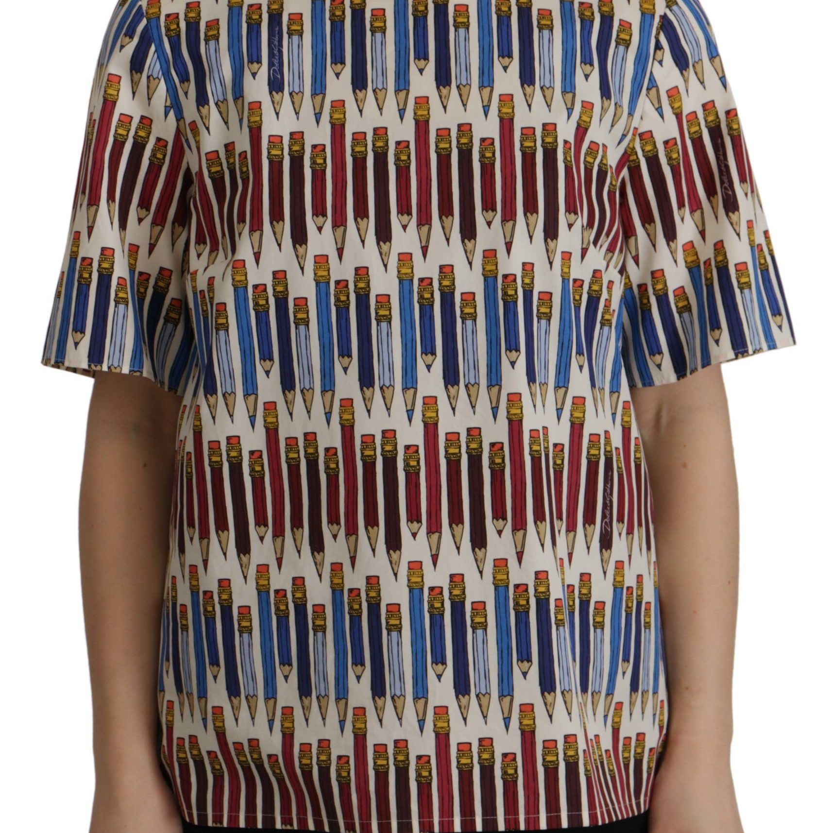 Dolce & Gabbana White Pencil Print Cotton T-shirt Blouse