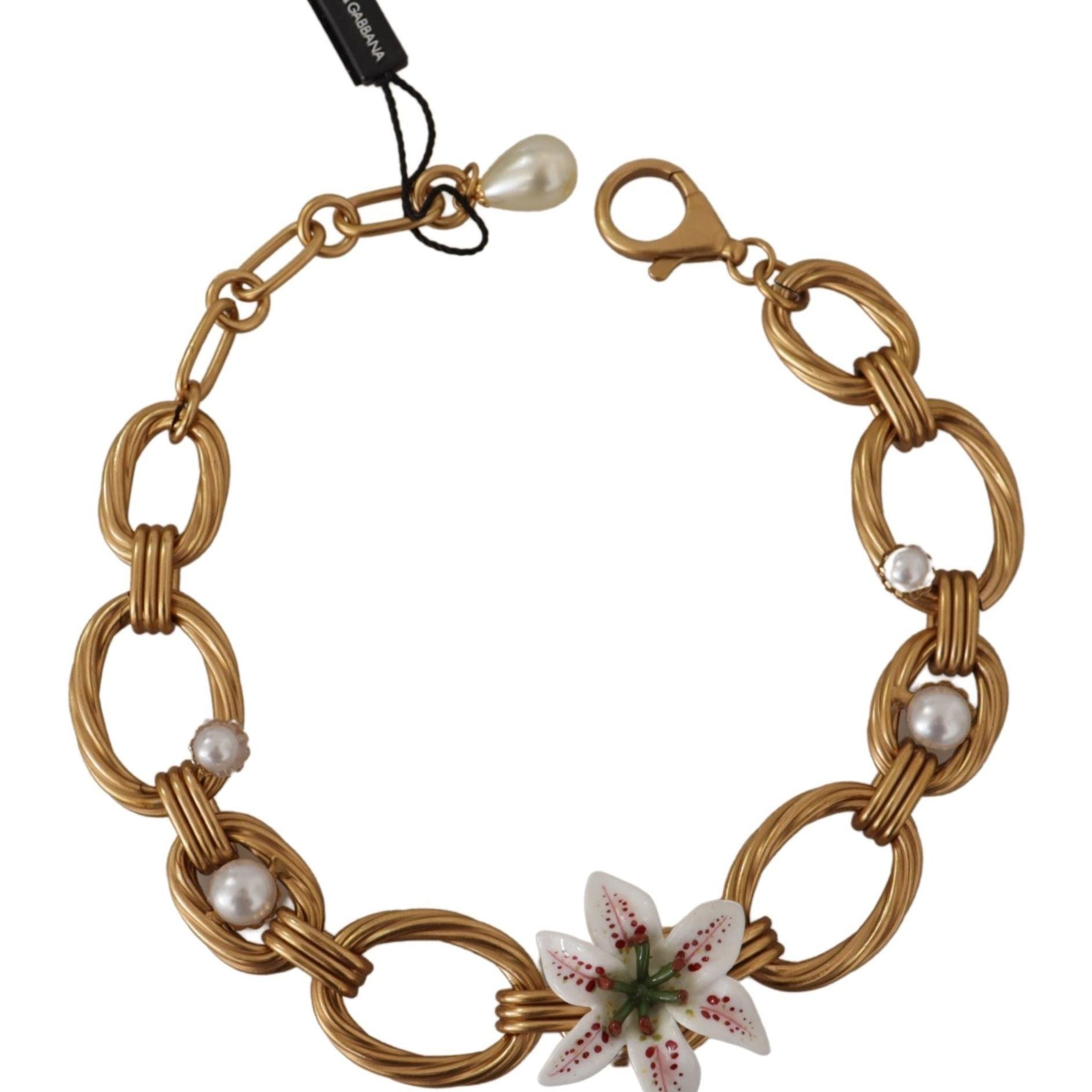 Dolce & Gabbana Gold White Lily Floral Chain Statement Necklace