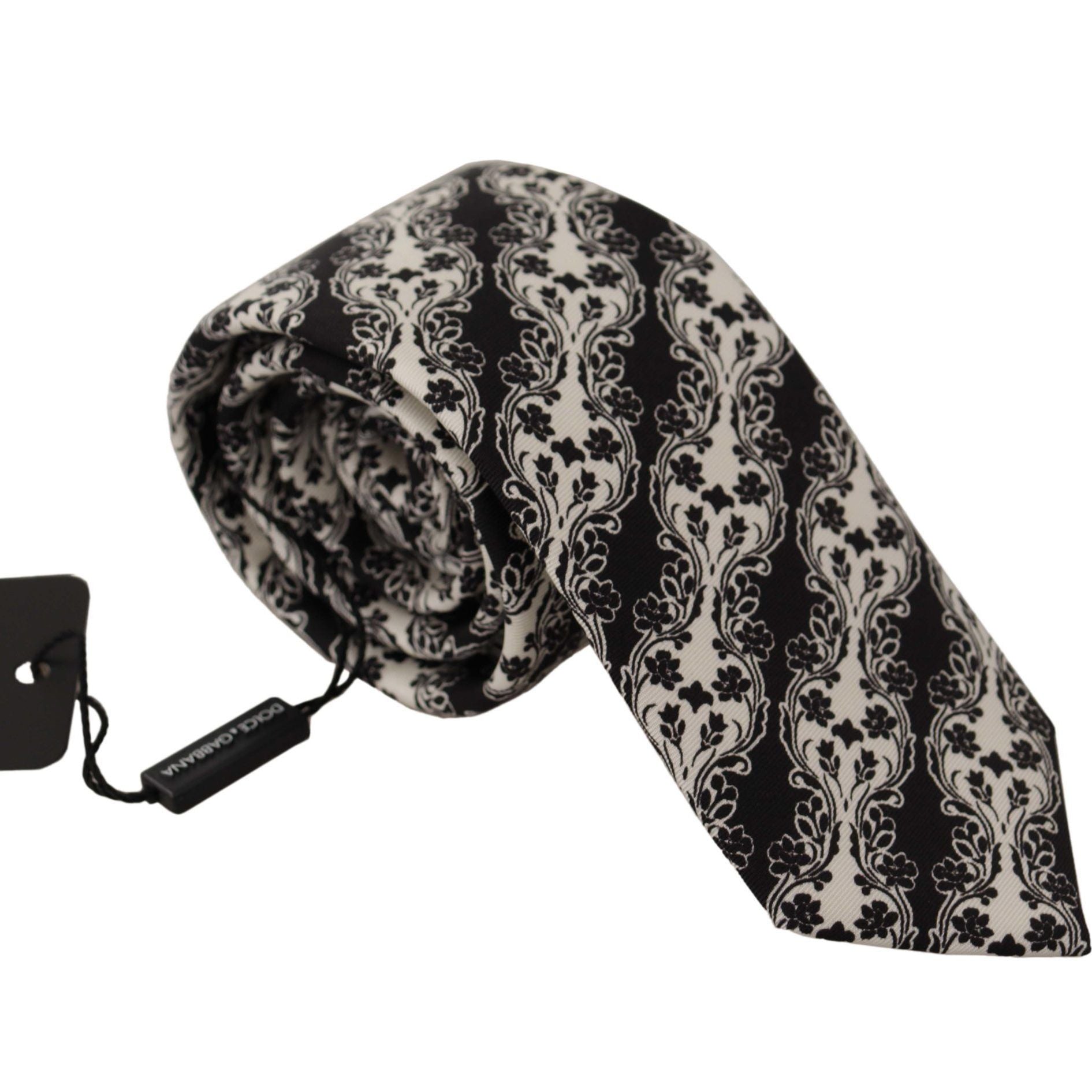 Dolce & Gabbana Black White Flower 100% Silk Print Adjustable Accessory Tie