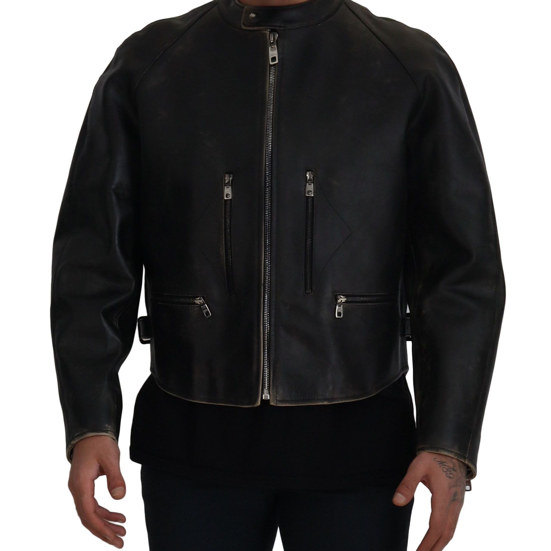 Dolce & Gabbana Black Leather Zipper Biker Coat Jacket