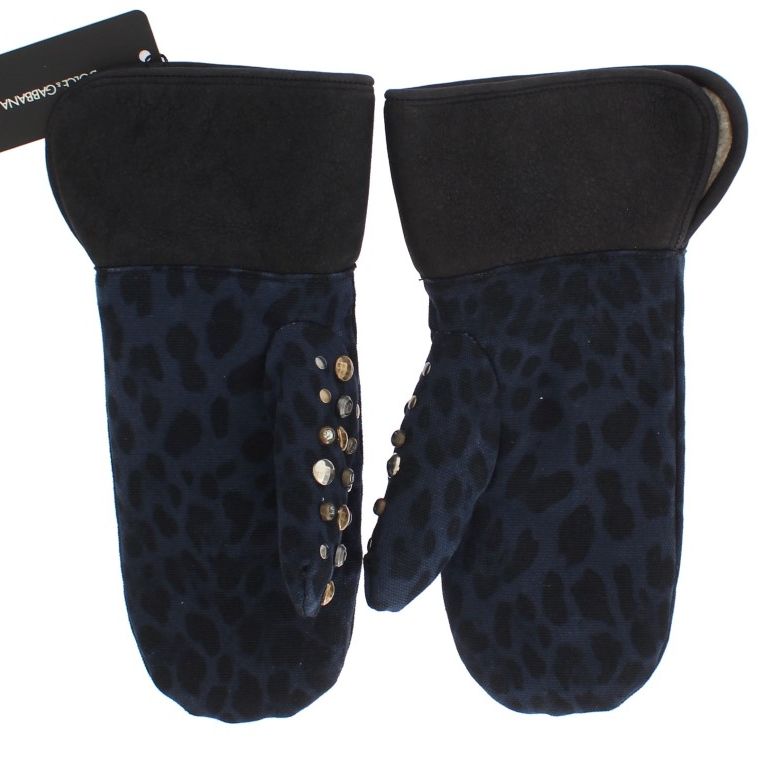Dolce & Gabbana Gray Wool Shearling Studded Blue Leopard Gloves