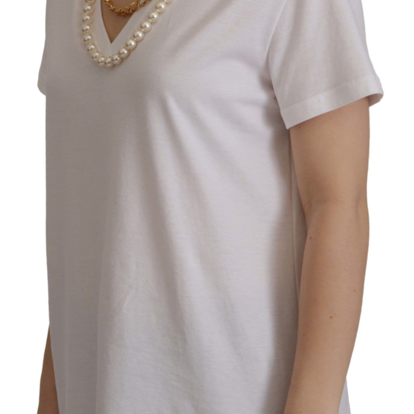 Dolce & Gabbana White Necklace Embellished Neckline T-shirt Top
